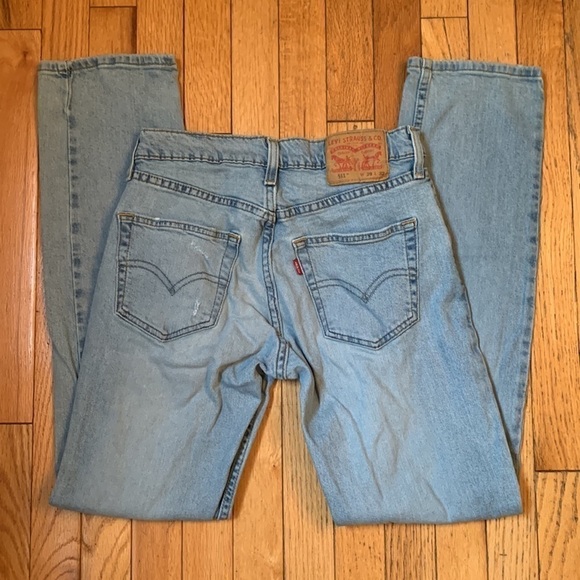 Levi’s 511 Slim Fit Light Wash Distressed Red Tab Mid-Rise Jeans Unisex 29W 32L - Picture 4 of 10